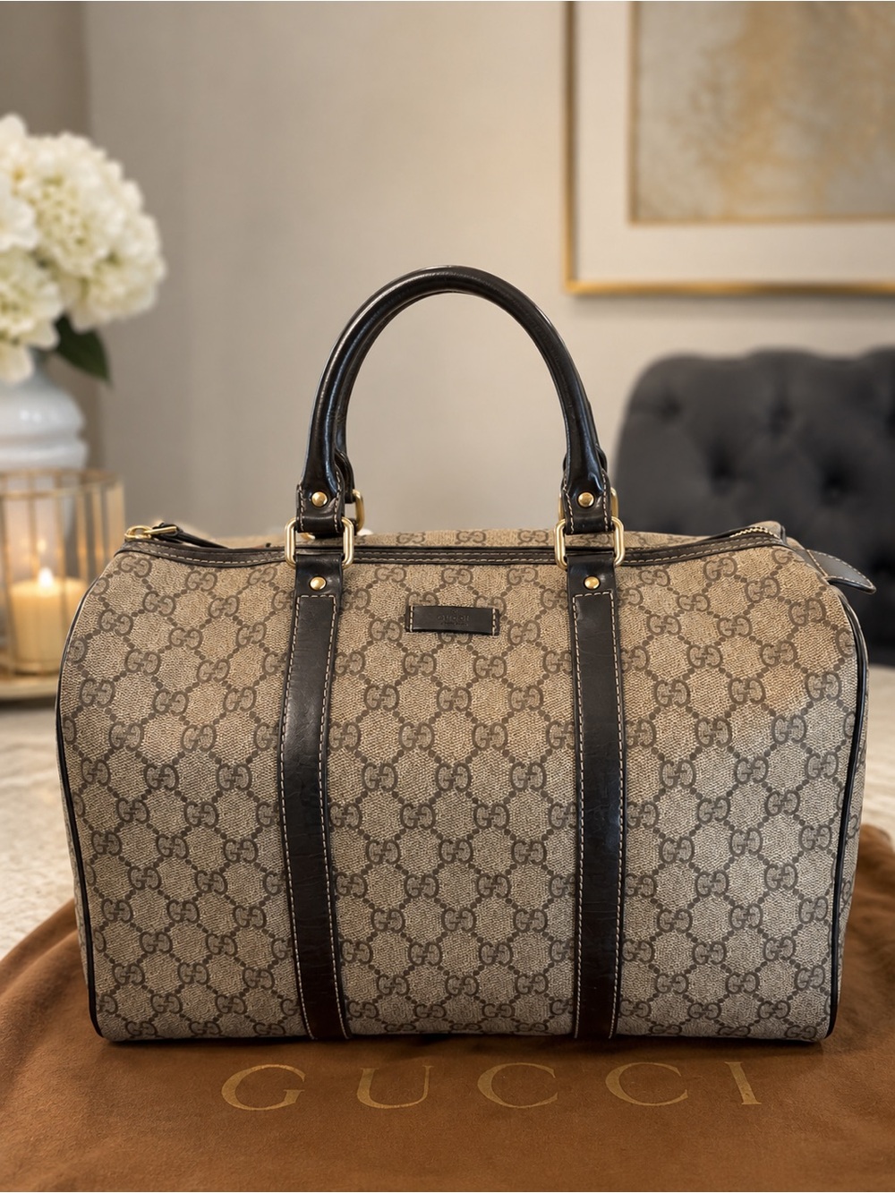 Gucci Brown GG Supreme Canvas Satchel with Black Leather Trim